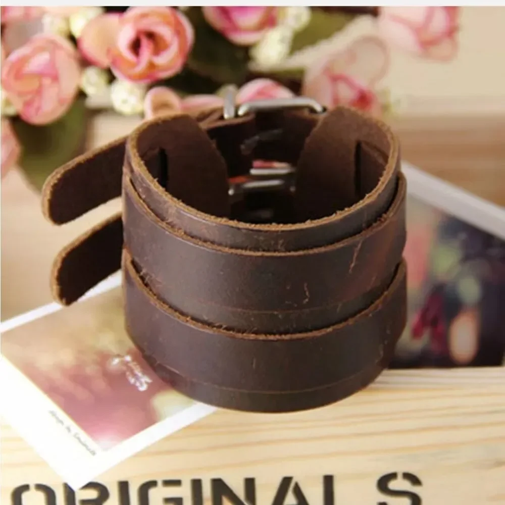 Men's Wide PU Leather Belt Strap Buckle Adjustable Cuff Wristband Bracelet